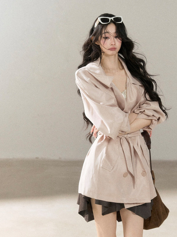 AOMALM - Ballet Pink Satin Cropped Trench Coat with Belt