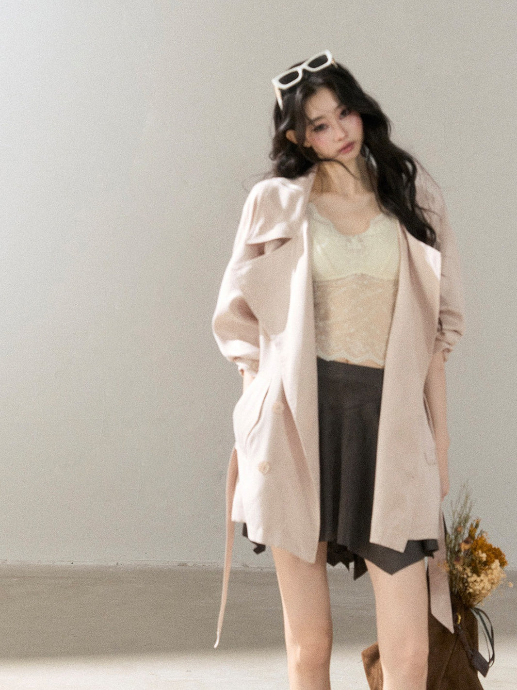 AOMALM - Ballet Pink Satin Cropped Trench Coat with Belt