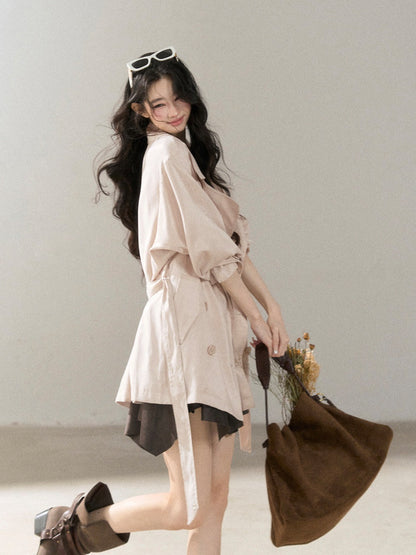 AOMALM - Ballet Pink Satin Cropped Trench Coat with Belt
