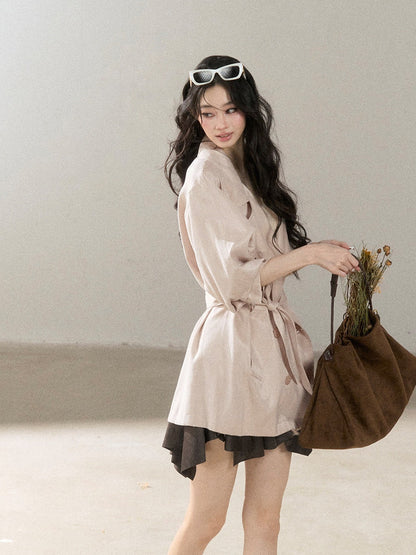 AOMALM - Ballet Pink Satin Cropped Trench Coat with Belt