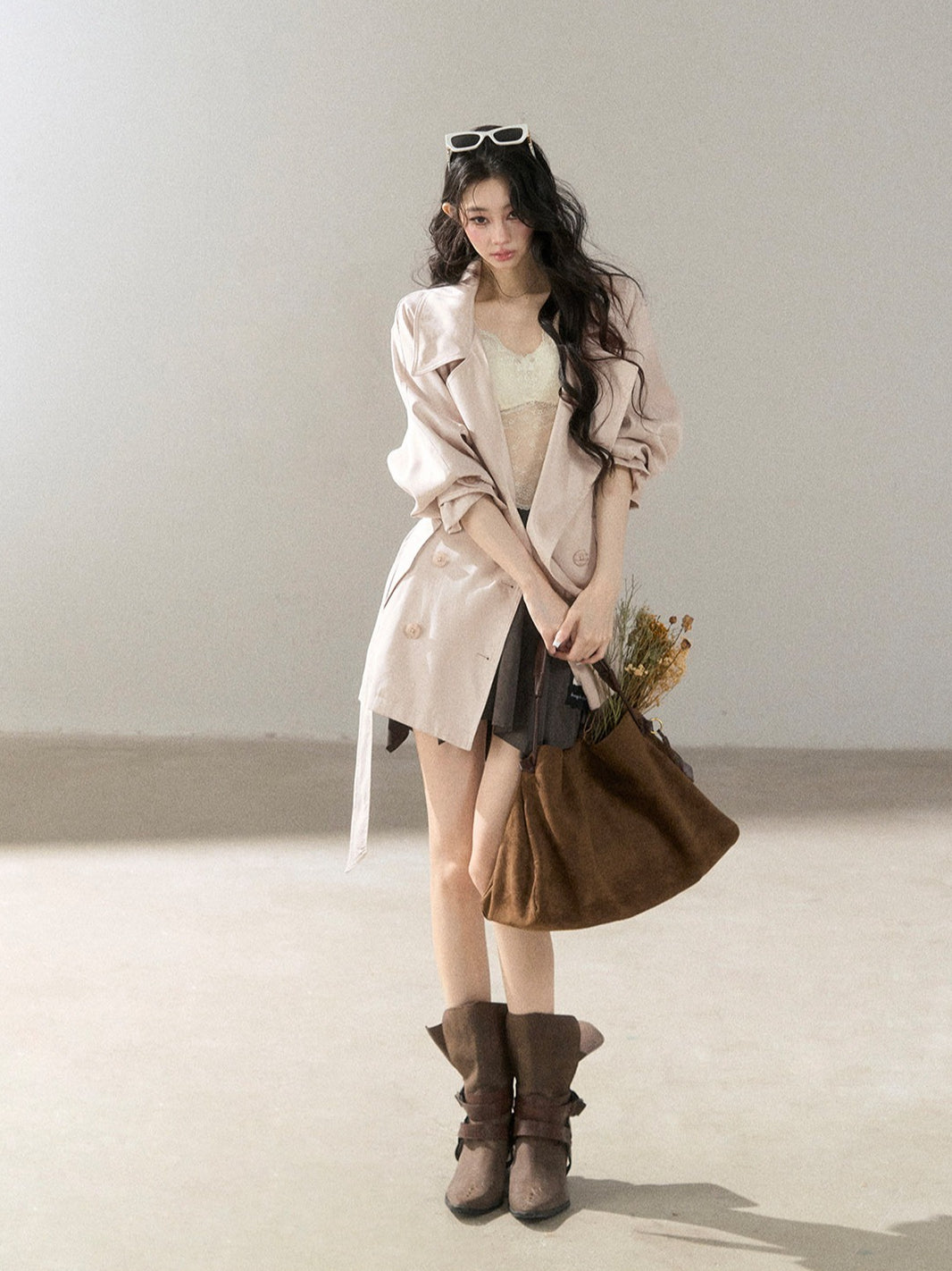 AOMALM - Ballet Pink Satin Cropped Trench Coat with Belt
