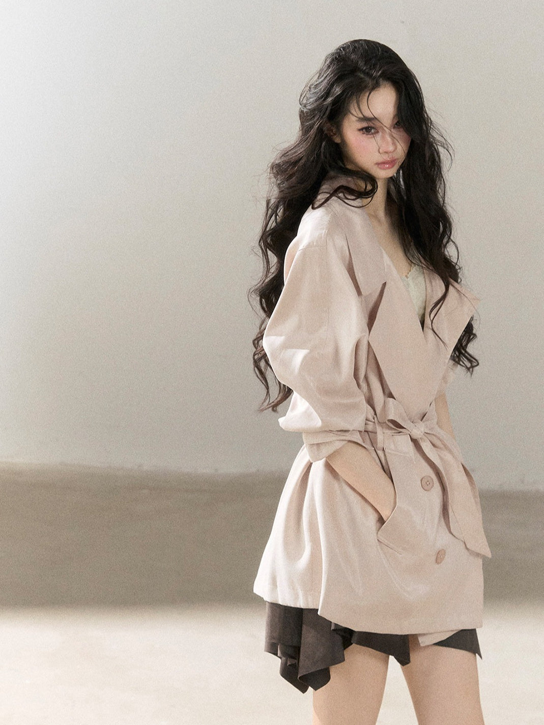 AOMALM - Ballet Pink Satin Cropped Trench Coat with Belt