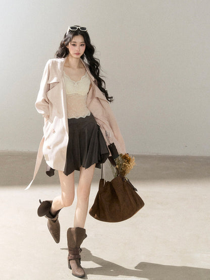 AOMALM - Ballet Pink Satin Cropped Trench Coat with Belt