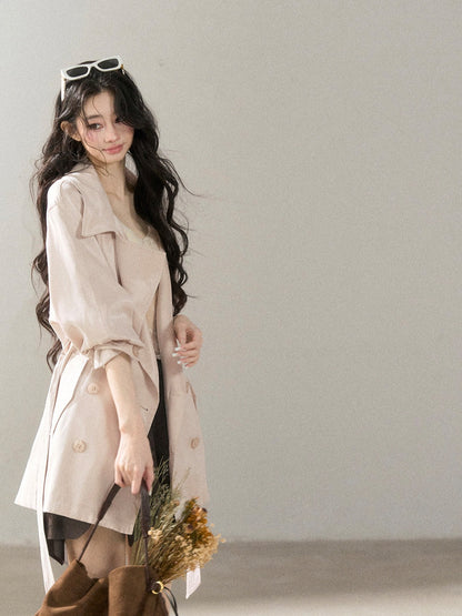 AOMALM - Ballet Pink Satin Cropped Trench Coat with Belt