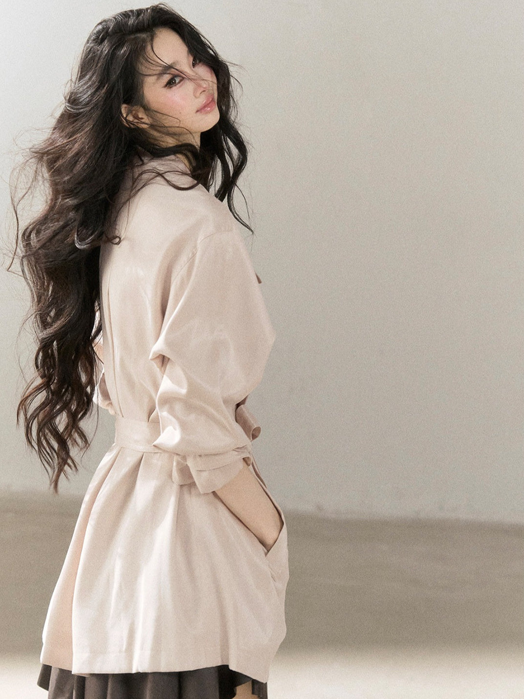 AOMALM - Ballet Pink Satin Cropped Trench Coat with Belt
