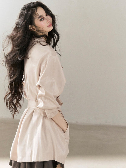 AOMALM - Ballet Pink Satin Cropped Trench Coat with Belt