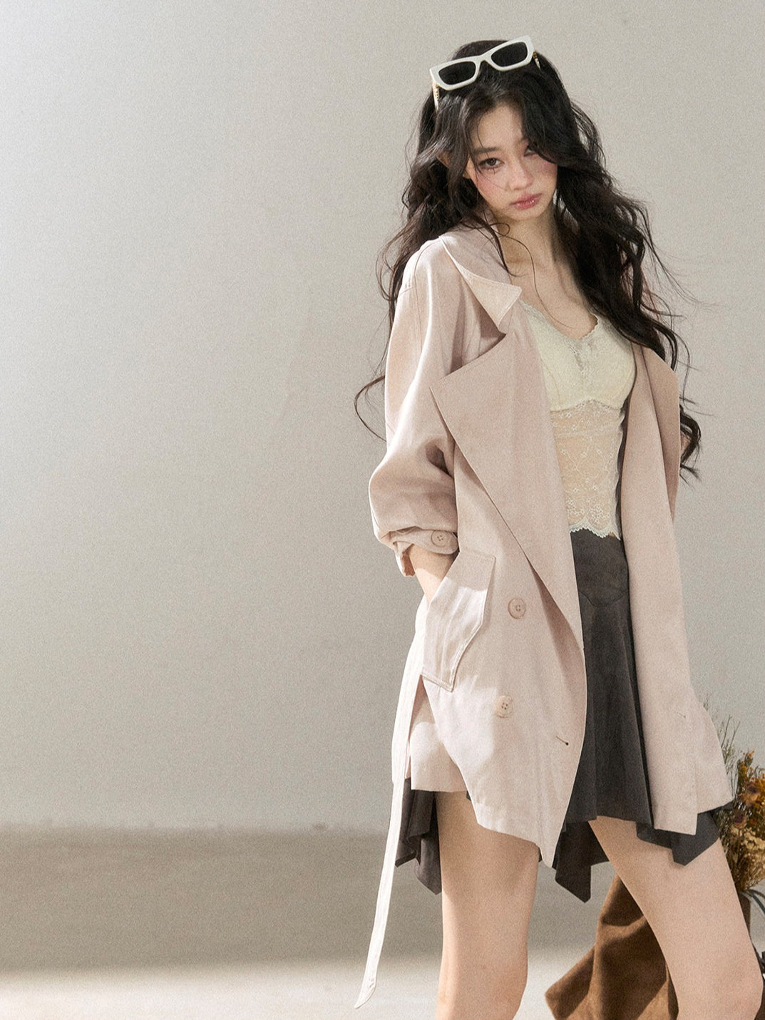 AOMALM - Ballet Pink Satin Cropped Trench Coat with Belt