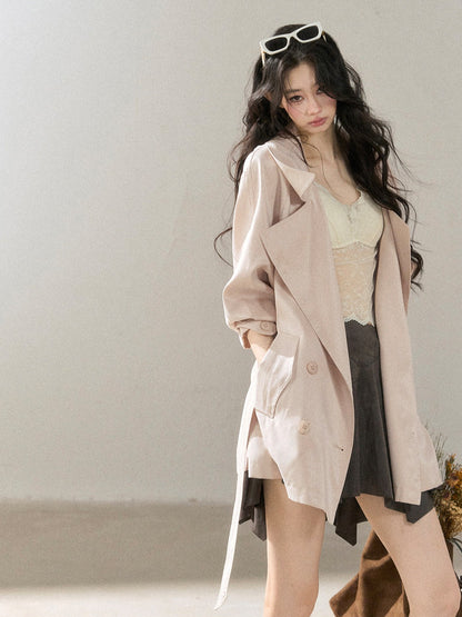 AOMALM - Ballet Pink Satin Cropped Trench Coat with Belt
