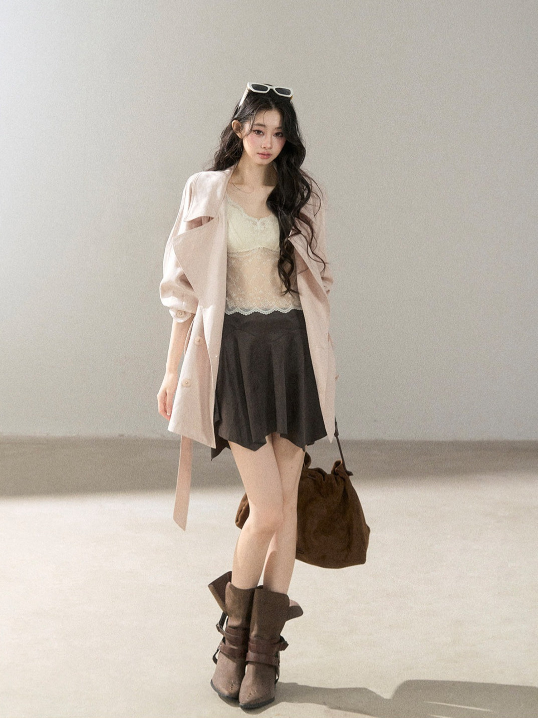 AOMALM - Ballet Pink Satin Cropped Trench Coat with Belt
