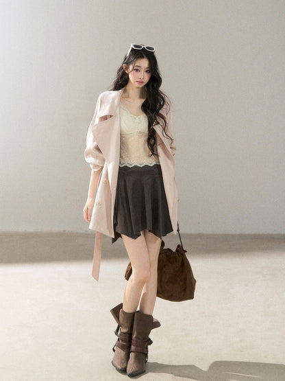 AOMALM - Ballet Pink Satin Cropped Trench Coat with Belt