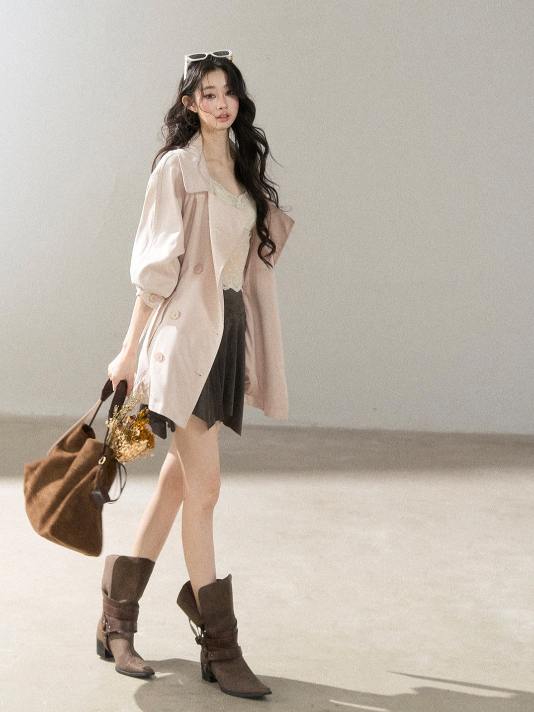 AOMALM - Ballet Pink Satin Cropped Trench Coat with Belt