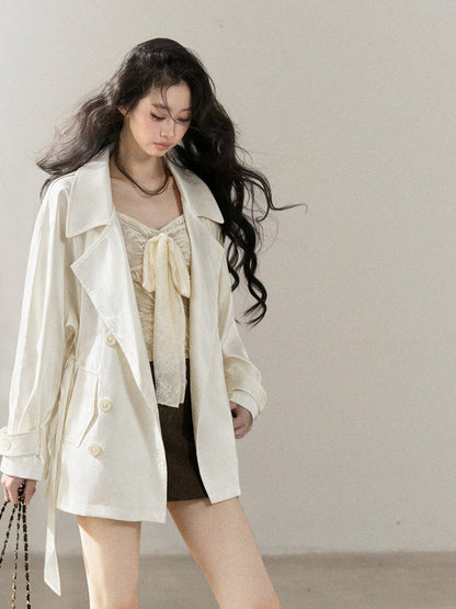 AOMALM - Ballet Pink Satin Cropped Trench Coat with Belt