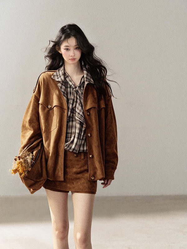 AOMALM - "The Falling Leaves" Toasted Pecan Faux Suede Jacket – 3-Piece Set