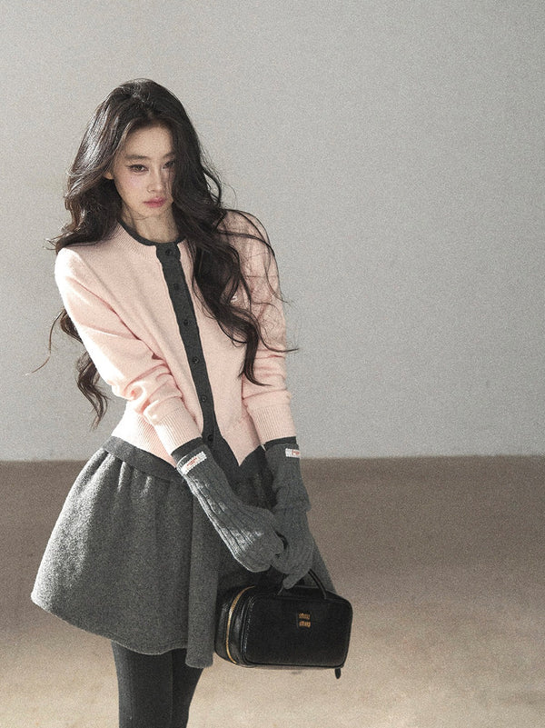 AOMALM - Cinnamon Pink Faux Layered Cropped Cardigan Sweater