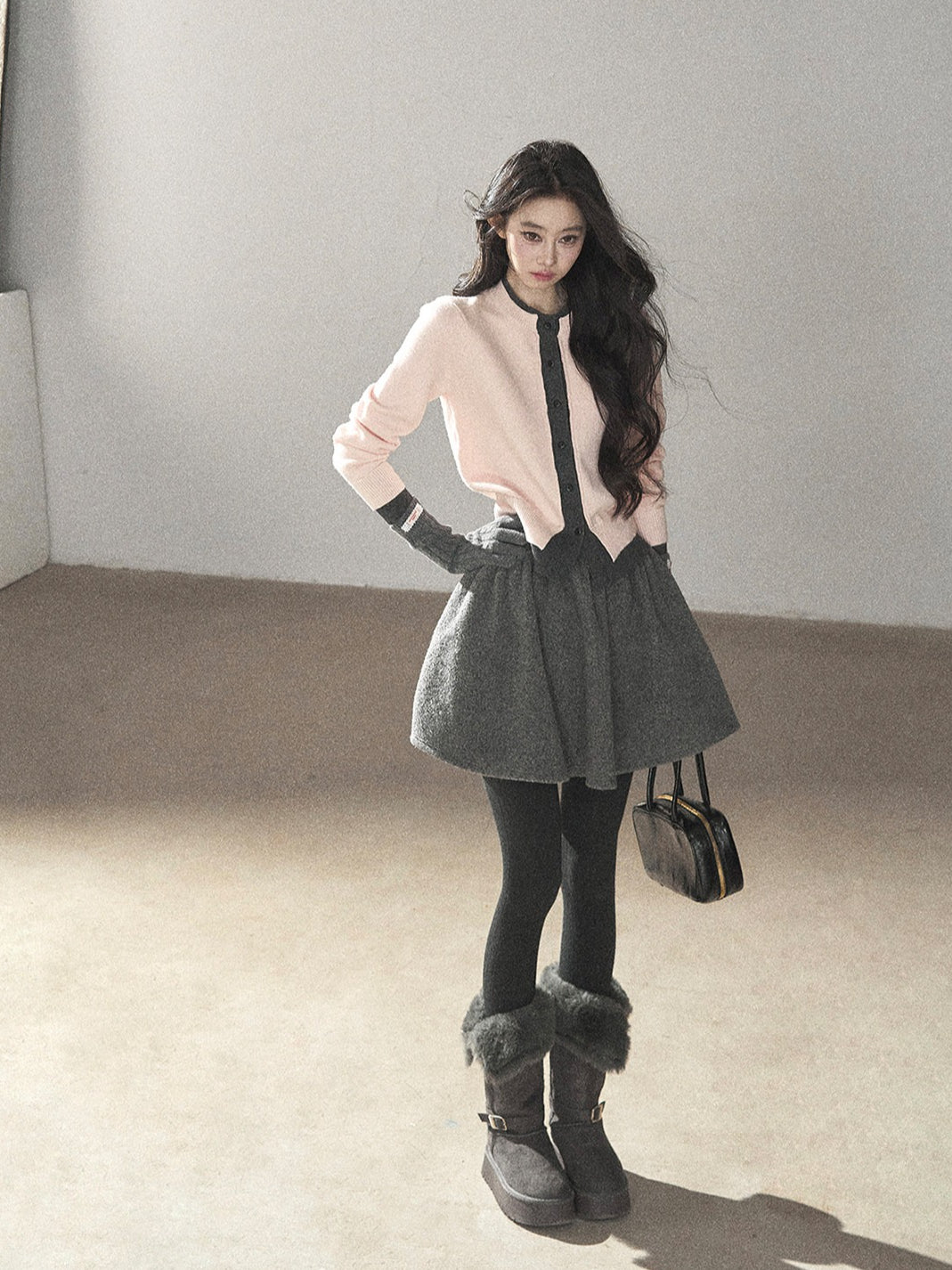 AOMALM - Cinnamon Pink Faux Layered Cropped Cardigan Sweater