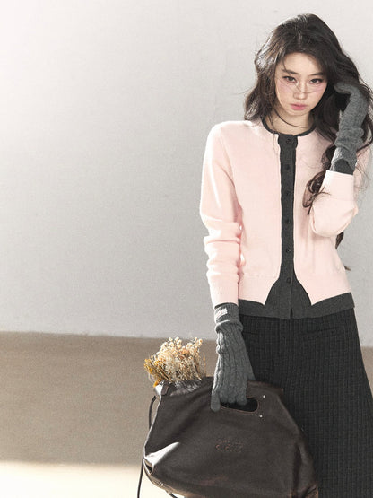 AOMALM - Cinnamon Pink Faux Layered Cropped Cardigan Sweater