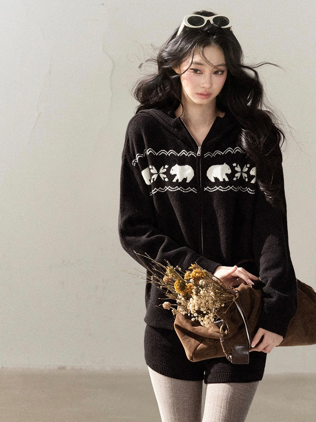 AOMALM - Black Hooded Knit Set with Polar Bear Jacquard