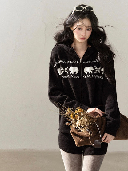 AOMALM - Black Hooded Knit Set with Polar Bear Jacquard