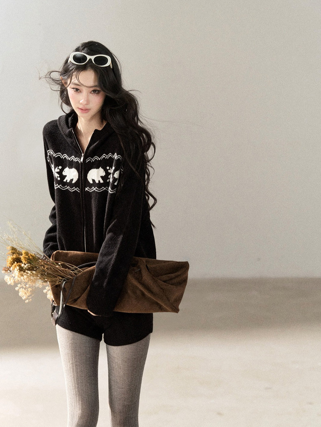 AOMALM - Black Hooded Knit Set with Polar Bear Jacquard