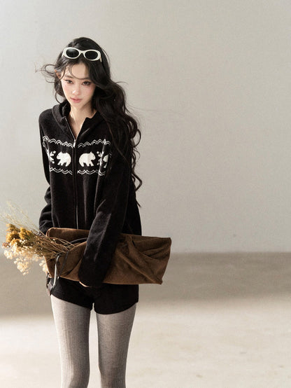 AOMALM - Black Hooded Knit Set with Polar Bear Jacquard