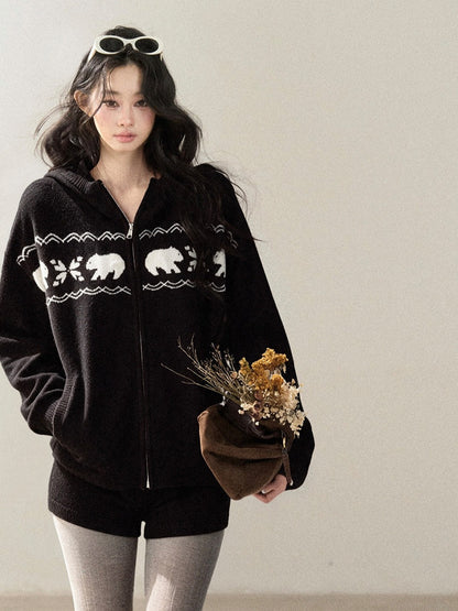 AOMALM - Black Hooded Knit Set with Polar Bear Jacquard