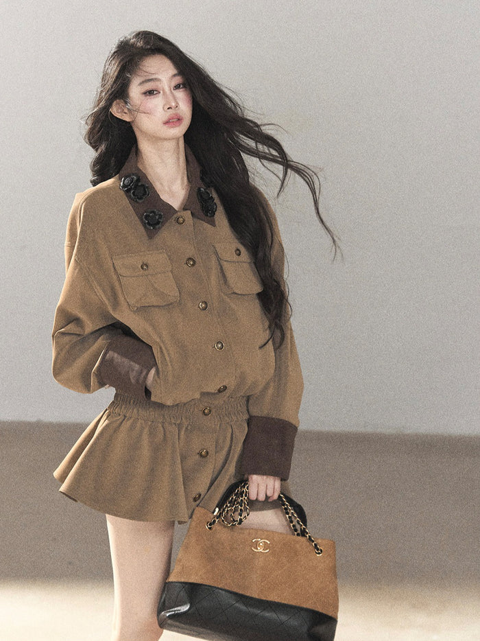 AOMALM - Gray-Brown PU Jacket and High-Waisted Shorts Set