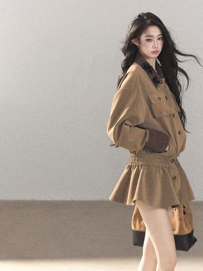 AOMALM - Gray-Brown PU Jacket and High-Waisted Shorts Set