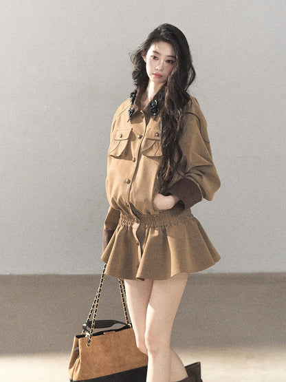 AOMALM - Gray-Brown PU Jacket and High-Waisted Shorts Set