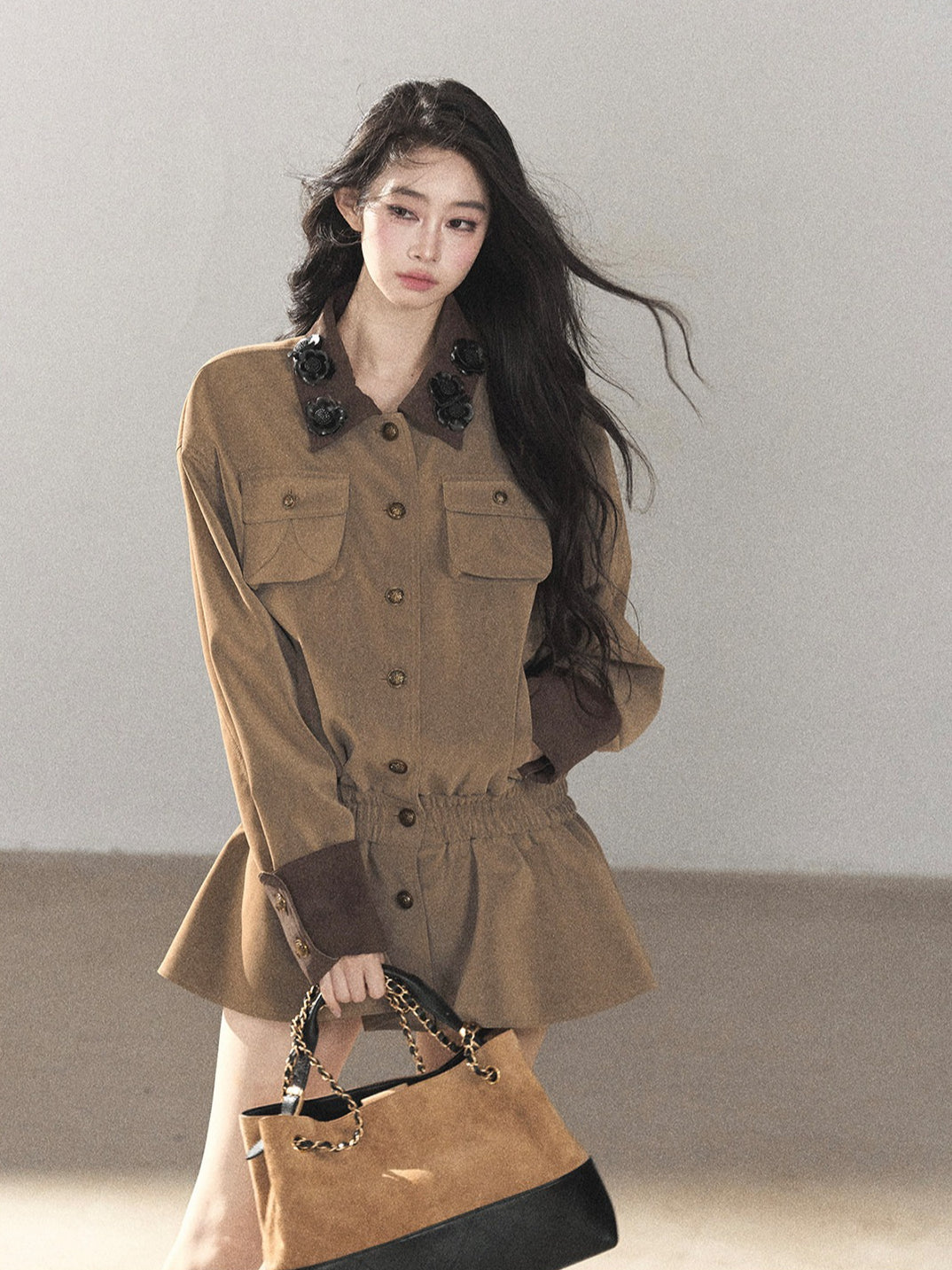 AOMALM - Gray-Brown PU Jacket and High-Waisted Shorts Set