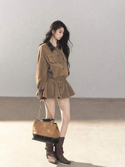 AOMALM - Gray-Brown PU Jacket and High-Waisted Shorts Set