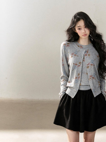 AOMALM - Cloud Gray Floral Wool-Blend Cardigan and Vest Set
