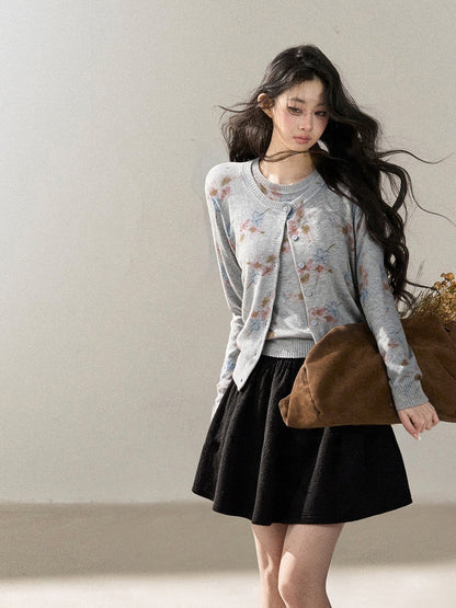 AOMALM - Cloud Gray Floral Wool-Blend Cardigan and Vest Set