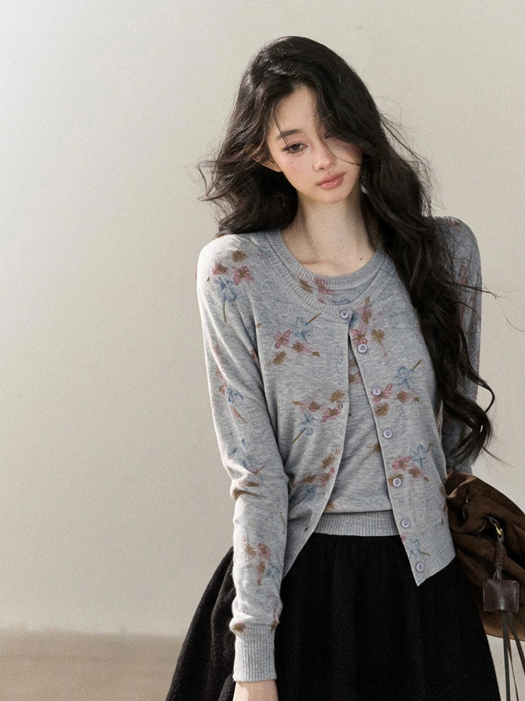 AOMALM - Cloud Gray Floral Wool-Blend Cardigan and Vest Set