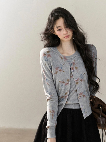 AOMALM - Cloud Gray Floral Wool-Blend Cardigan and Vest Set
