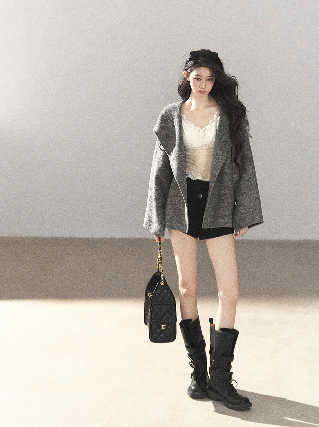 AOMALM - Dark Heather Gray Hooded Wool-Blend Jacket (With Inner Bra)
