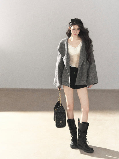 AOMALM - Dark Heather Gray Hooded Wool-Blend Jacket (With Inner Bra)