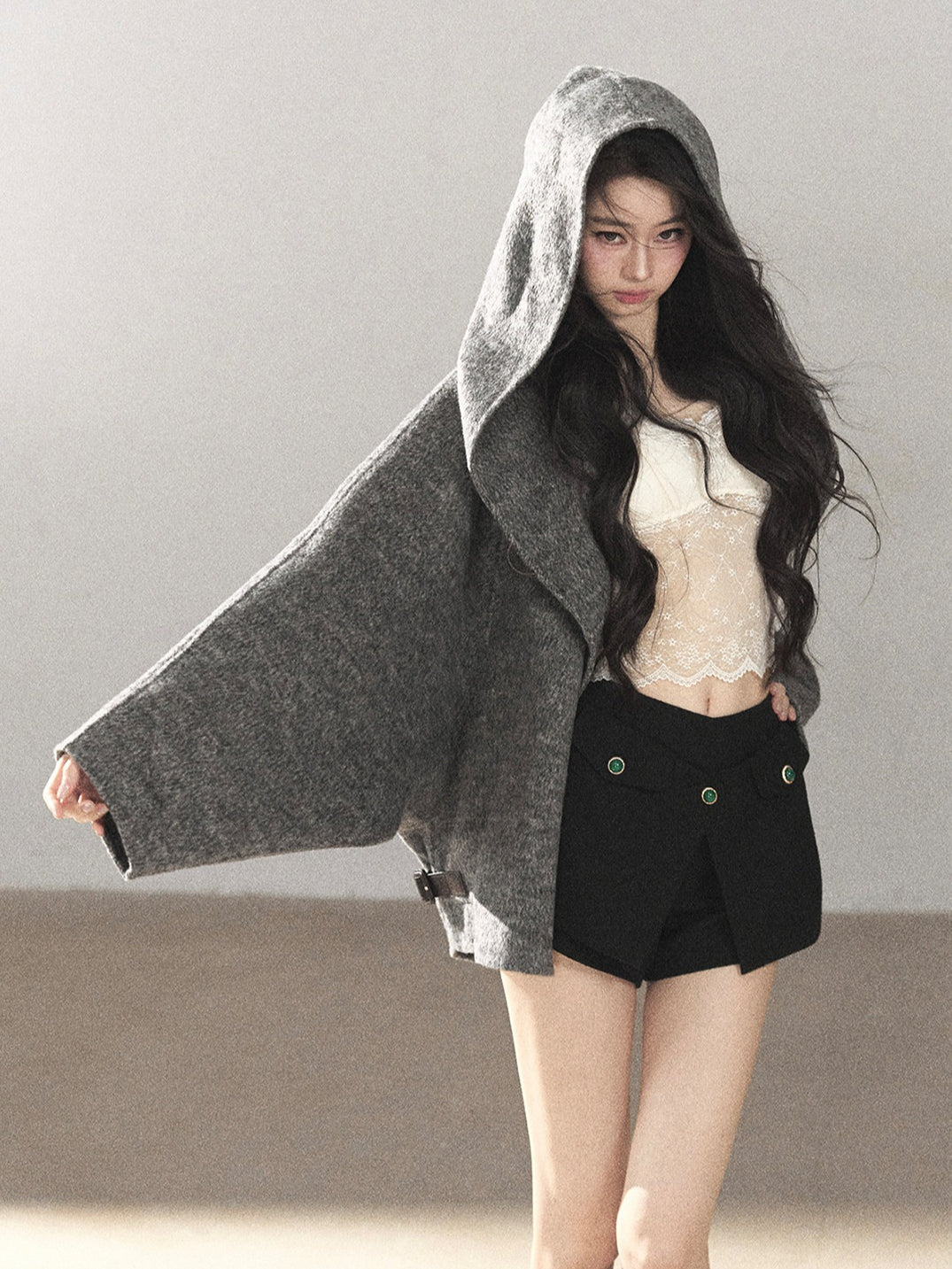 AOMALM - Dark Heather Gray Hooded Wool-Blend Jacket (With Inner Bra)
