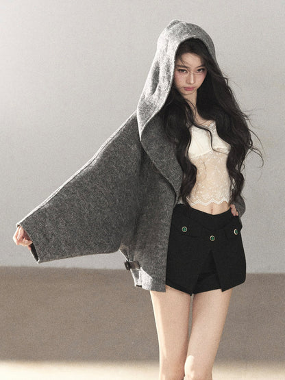 AOMALM - Dark Heather Gray Hooded Wool-Blend Jacket (With Inner Bra)