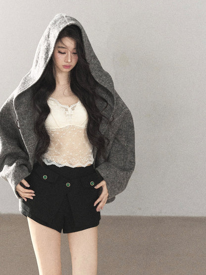 AOMALM - Dark Heather Gray Hooded Wool-Blend Jacket (With Inner Bra)