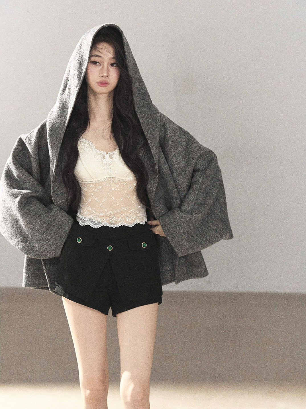 AOMALM - Dark Heather Gray Hooded Wool-Blend Jacket (With Inner Bra)