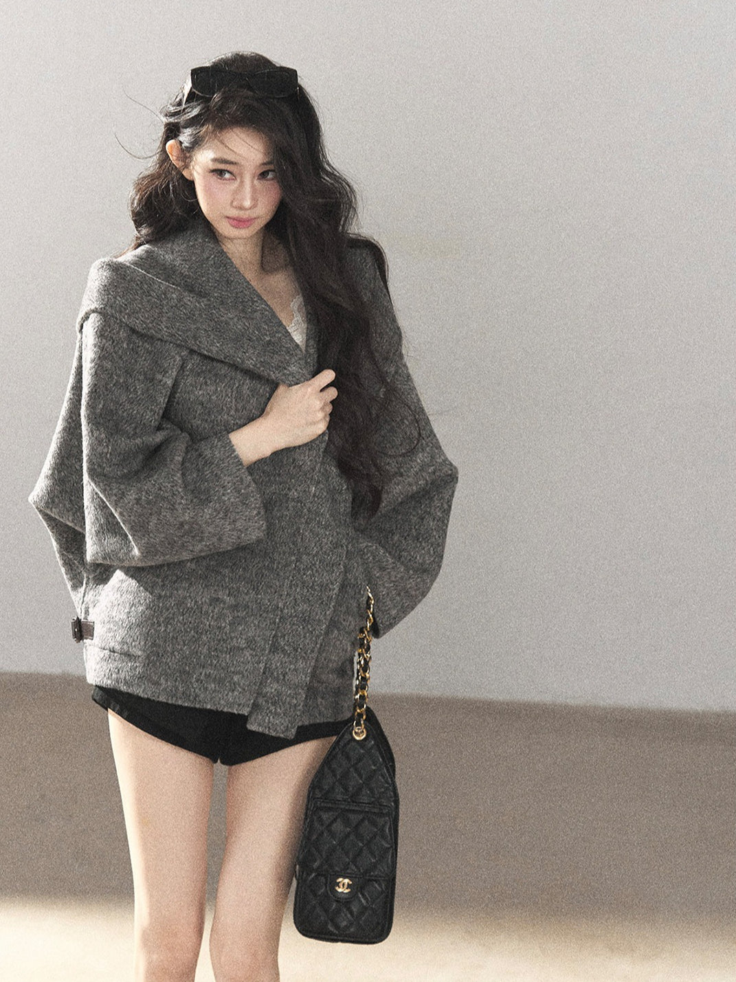 AOMALM - Dark Heather Gray Hooded Wool-Blend Jacket (With Inner Bra)