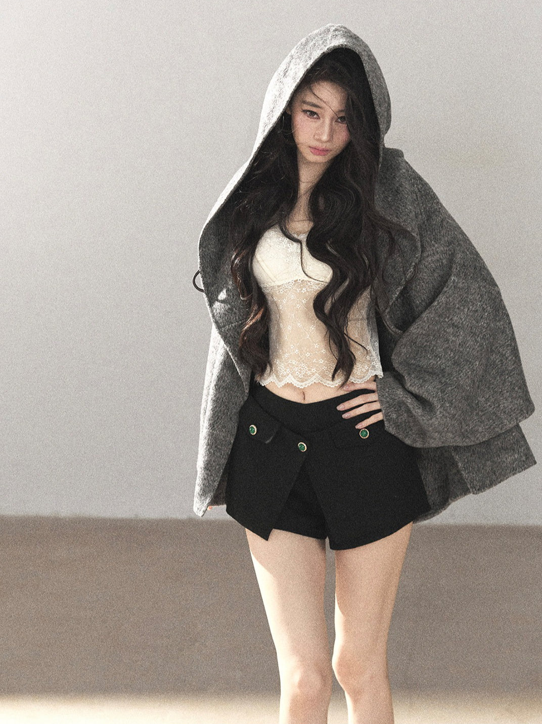 AOMALM - Dark Heather Gray Hooded Wool-Blend Jacket (With Inner Bra)