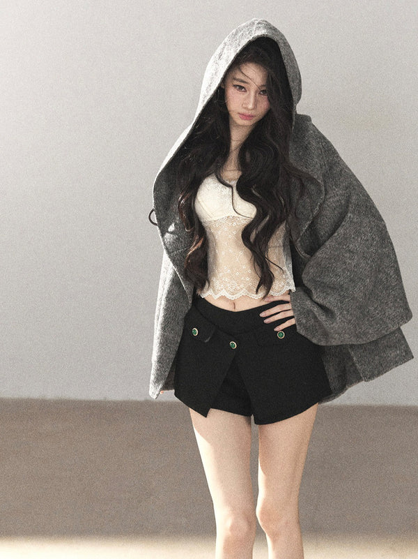 AOMALM - Dark Heather Gray Hooded Wool-Blend Jacket (With Inner Bra)