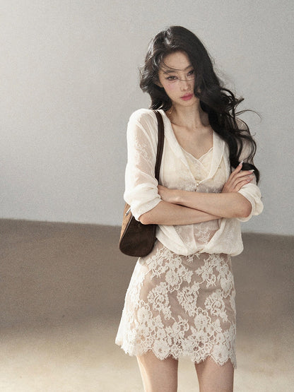 AOMALM - Cream Lace Mini Dress with Scalloped V-Neck (With Inner Bra)