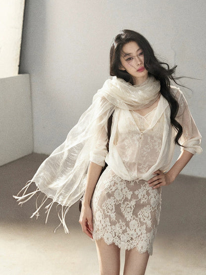 AOMALM - Cream Lace Mini Dress with Scalloped V-Neck (With Inner Bra)