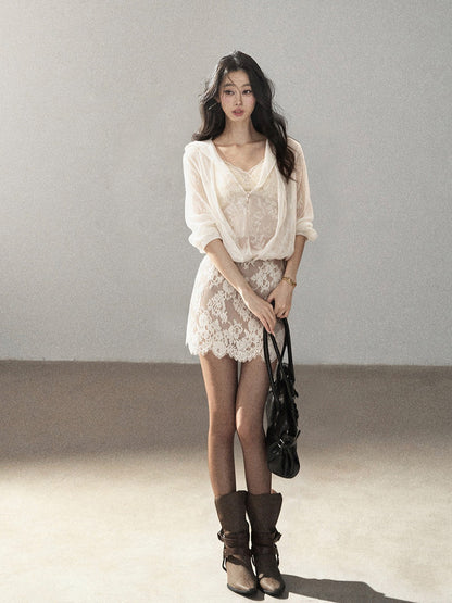 AOMALM - Cream Lace Mini Dress with Scalloped V-Neck (With Inner Bra)