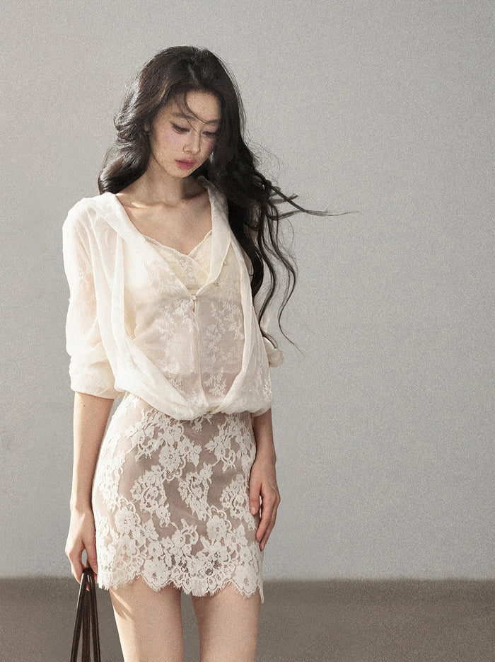 AOMALM - Cream Lace Mini Dress with Scalloped V-Neck (With Inner Bra)