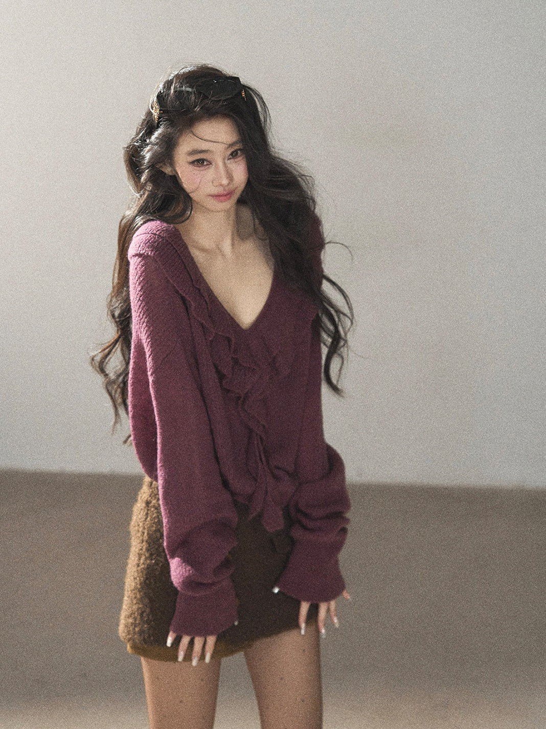 AOMALM - "A Softer Breath" Midnight Purple Ruffle V-Neck Sweater