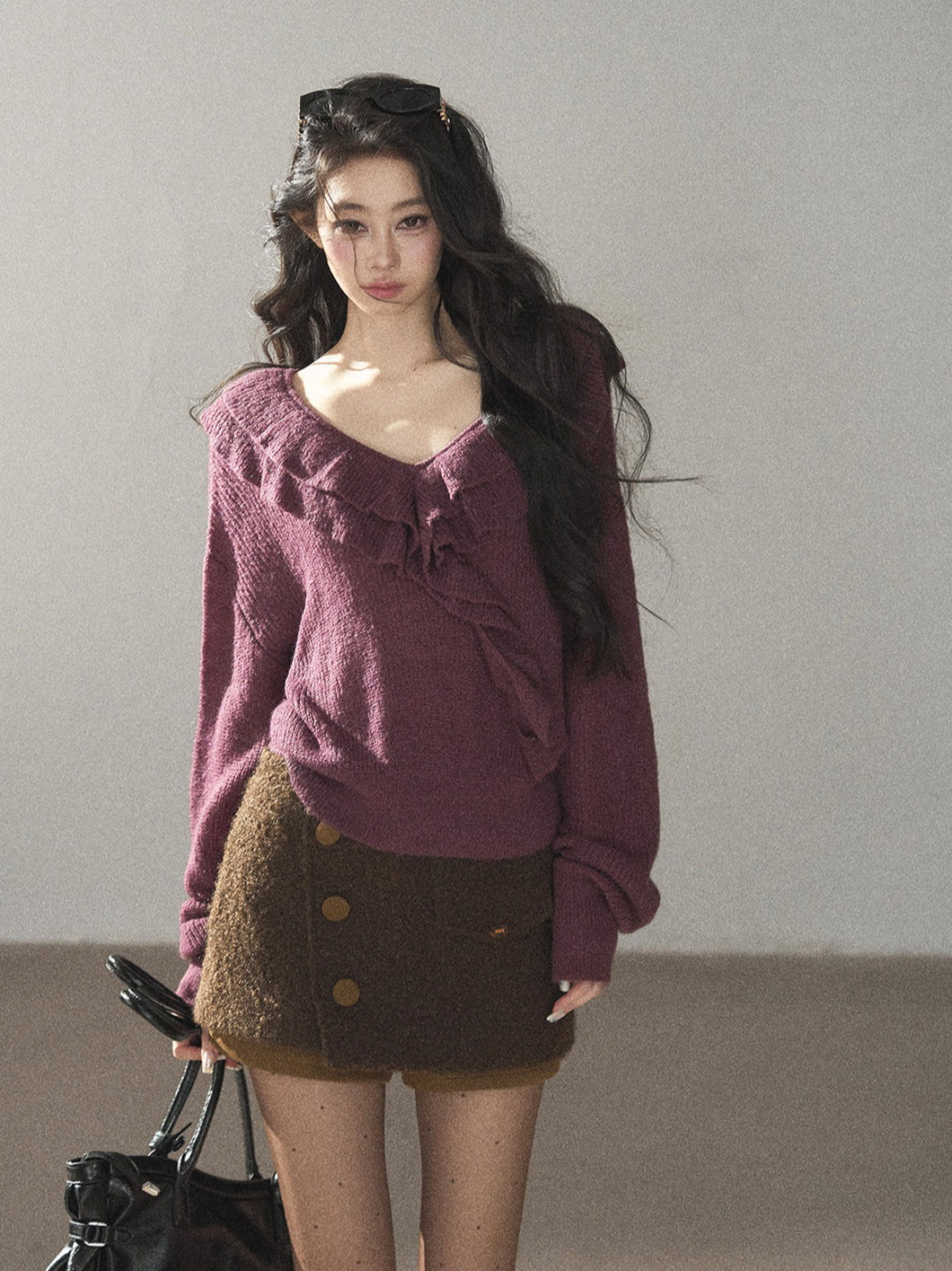 AOMALM - "A Softer Breath" Midnight Purple Ruffle V-Neck Sweater