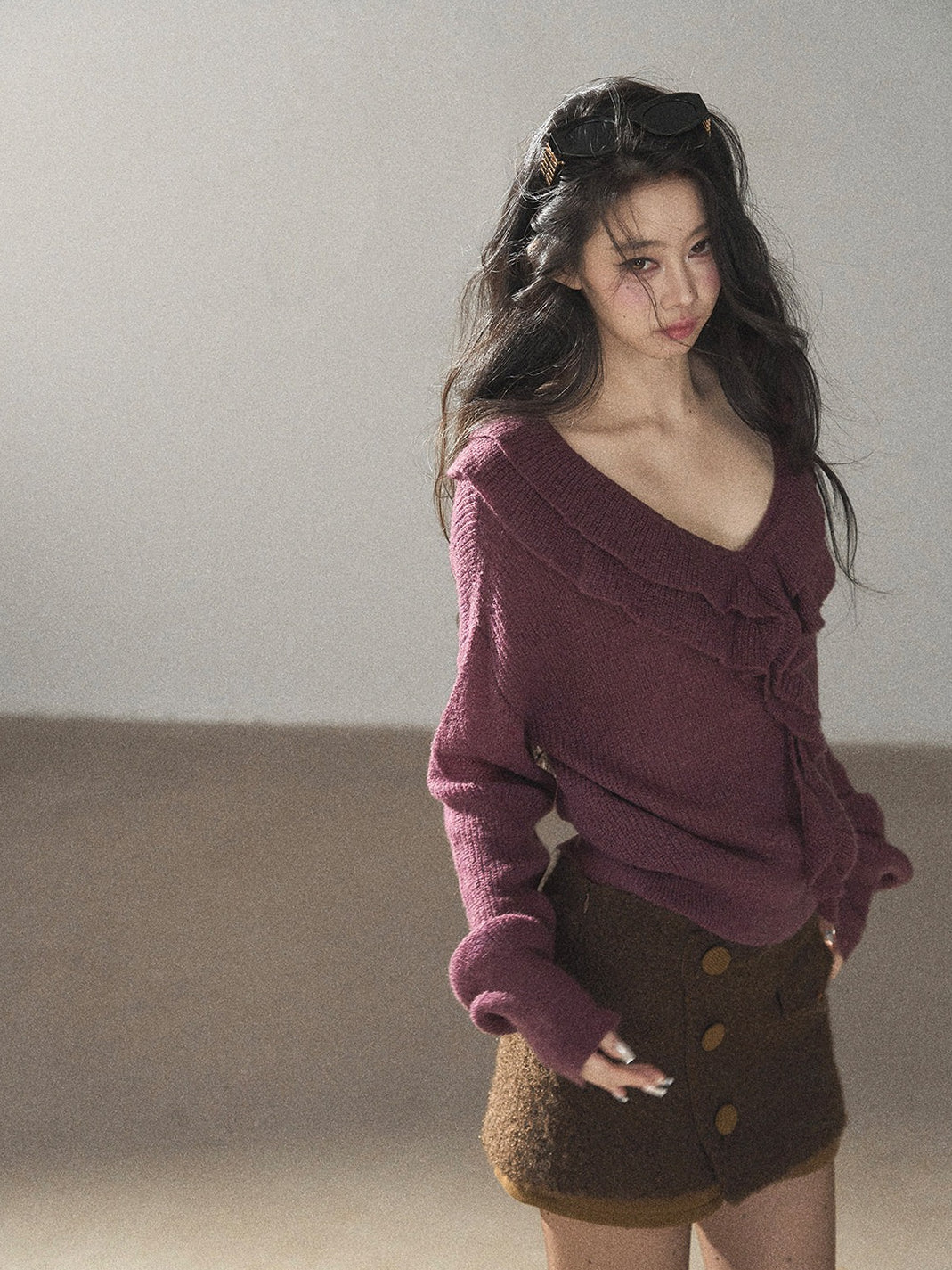 AOMALM - "A Softer Breath" Midnight Purple Ruffle V-Neck Sweater